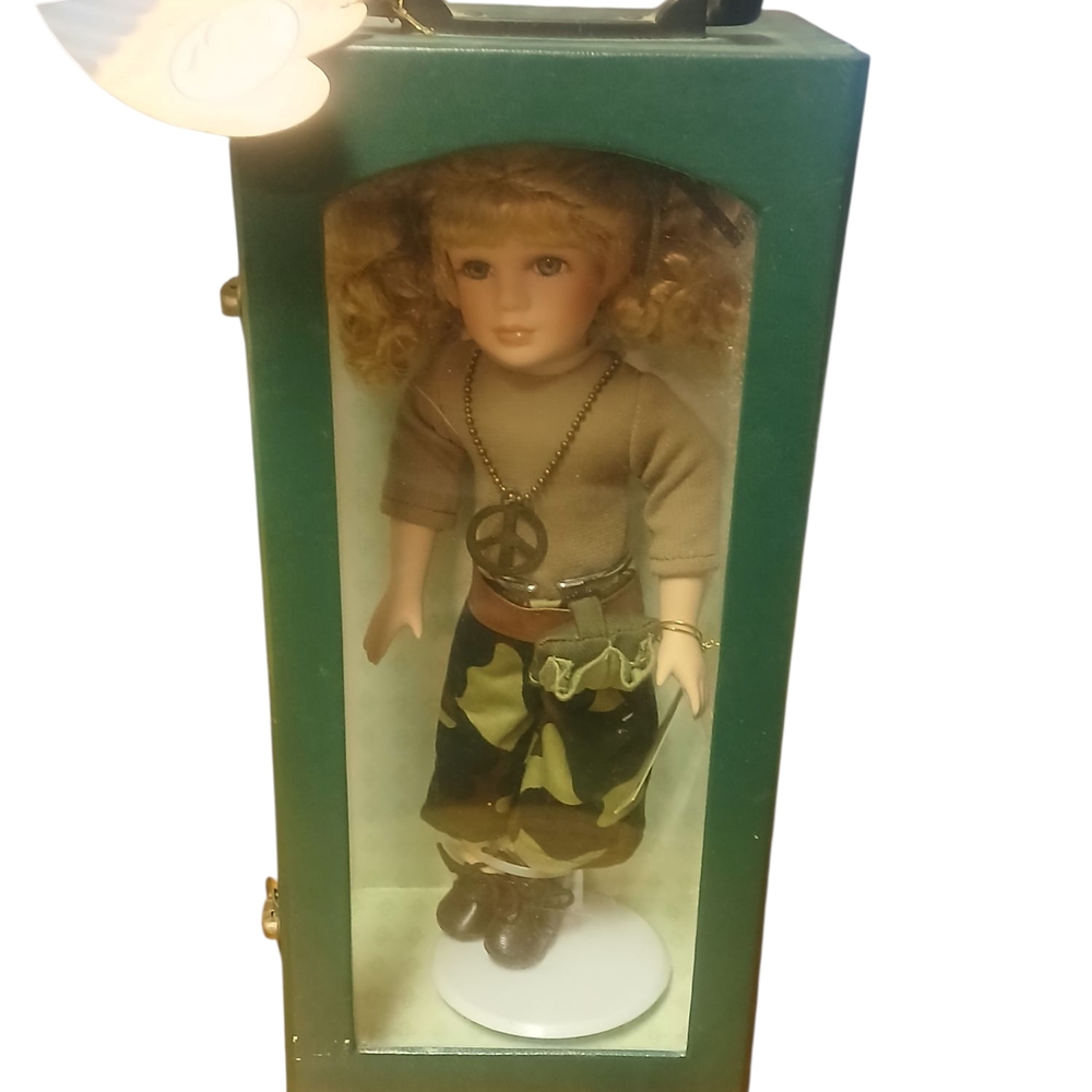 Green and Brown European-Style Doll with Display Case